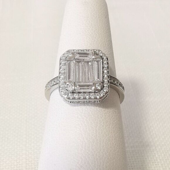 Sterling Silver Baguette cut CZ Ring with Halo size 6.75 - Picture 4 of 9